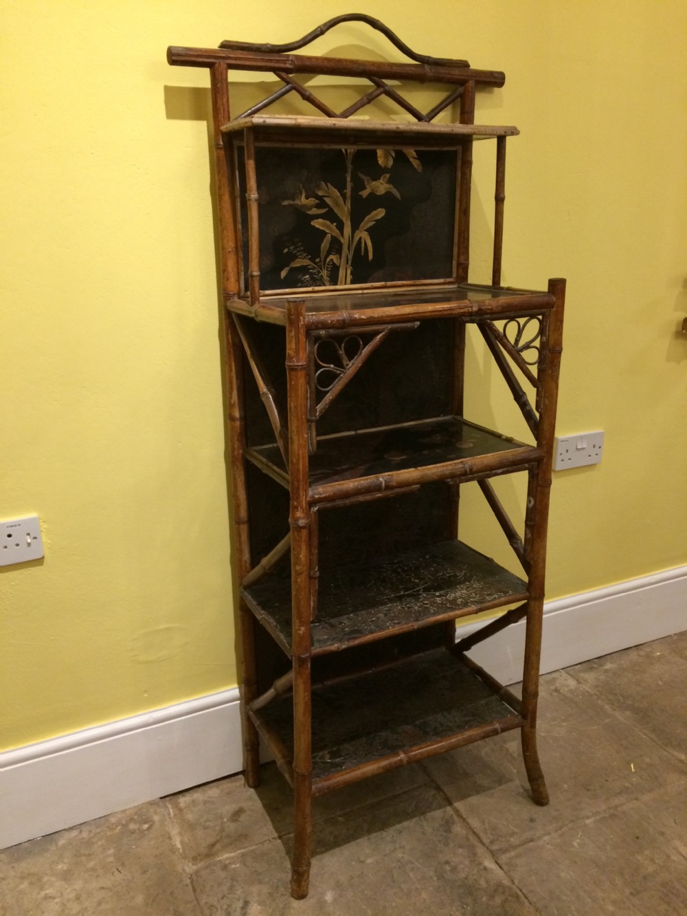 19thC set of 5 tier bamboo shelves with chinoiserie decorations View V