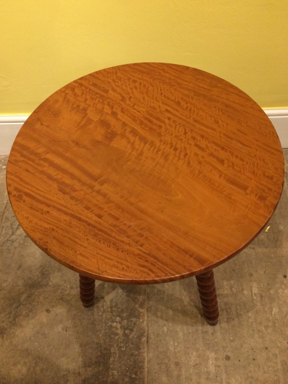 19thC Satinwood top, bobbin leg tripod table View IV