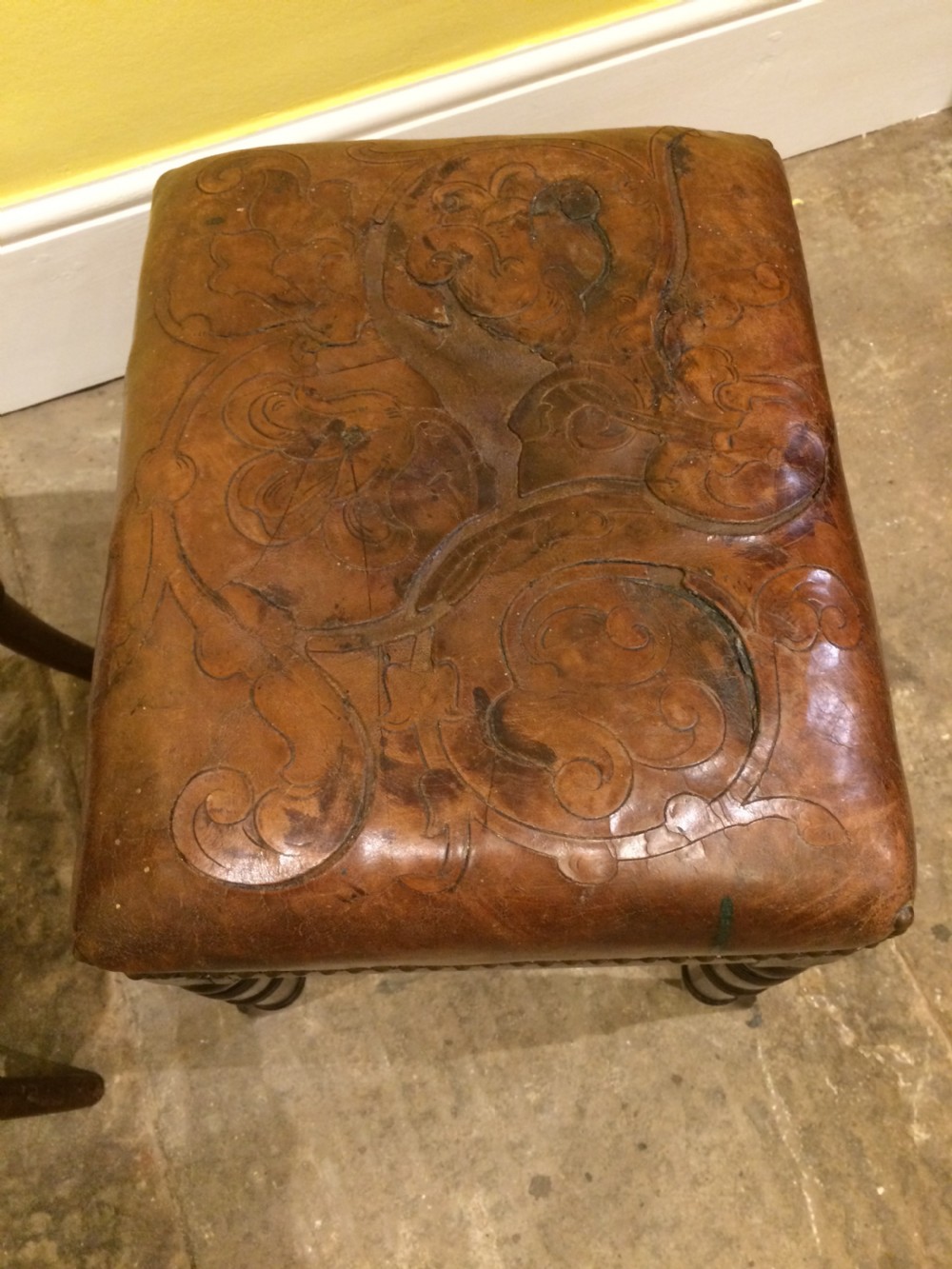 18thC Pair of mahogany sabre leg and embossed leather stools View III