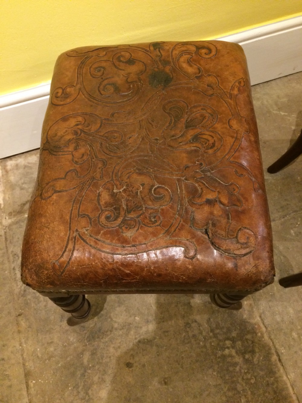 18thC Pair of mahogany sabre leg and embossed leather stools View IV