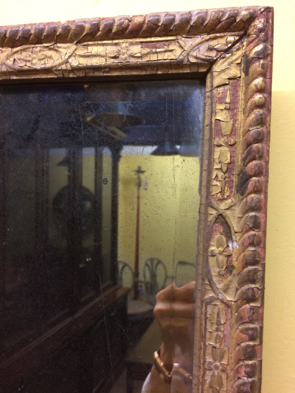 Early 18thC rectangular mirror with traces of Polychrome  View II