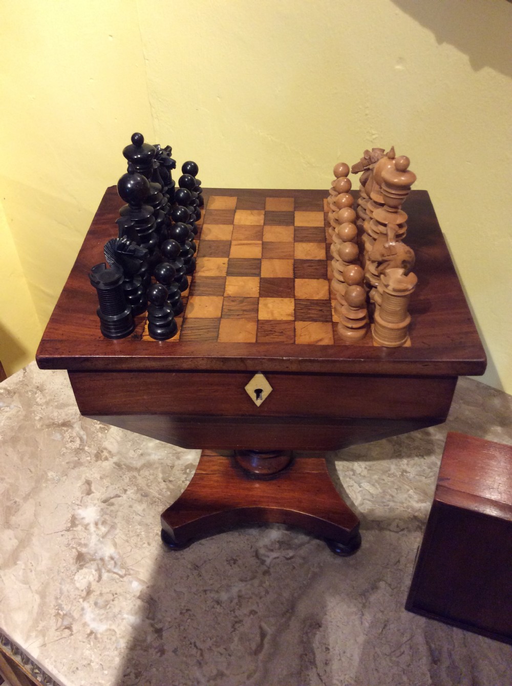 19thC Mahogany, rosewood and maple chess set View II