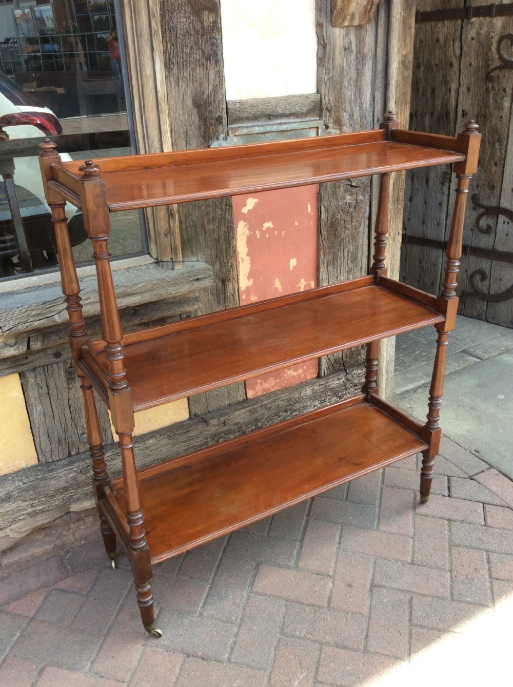 19thC Three tier mahogany set of shelves View III
