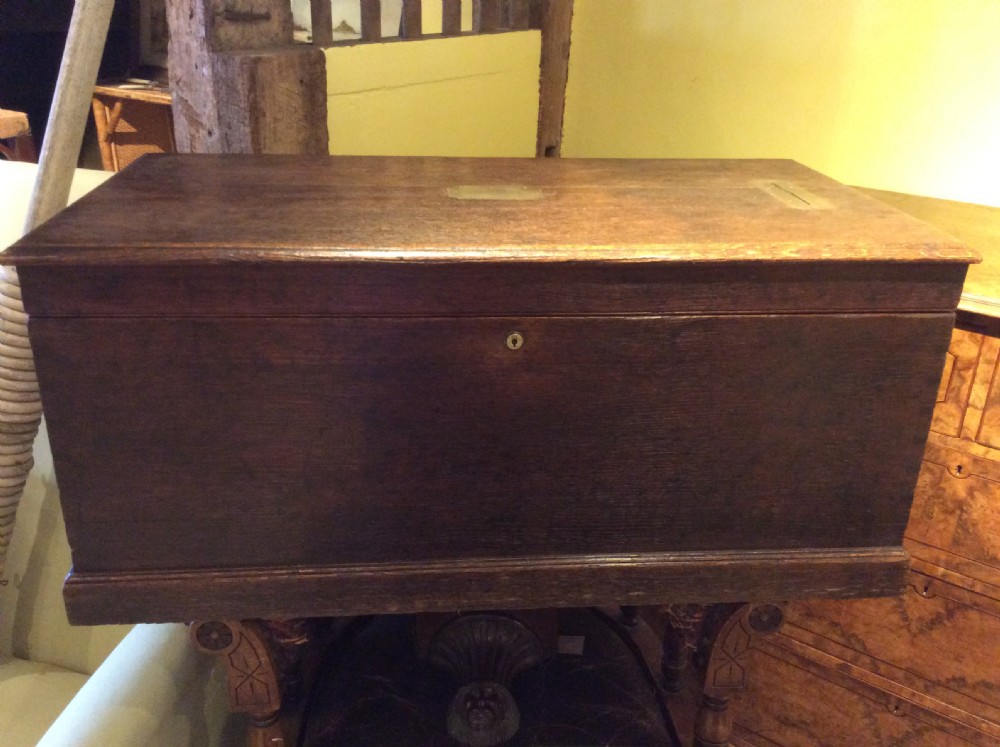 19thC Oak box with brass handles, posting slot. Fitted with a Bramah lock View II