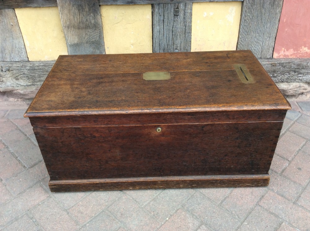 19thC Oak box with brass handles, posting slot. Fitted with a Bramah lock View III