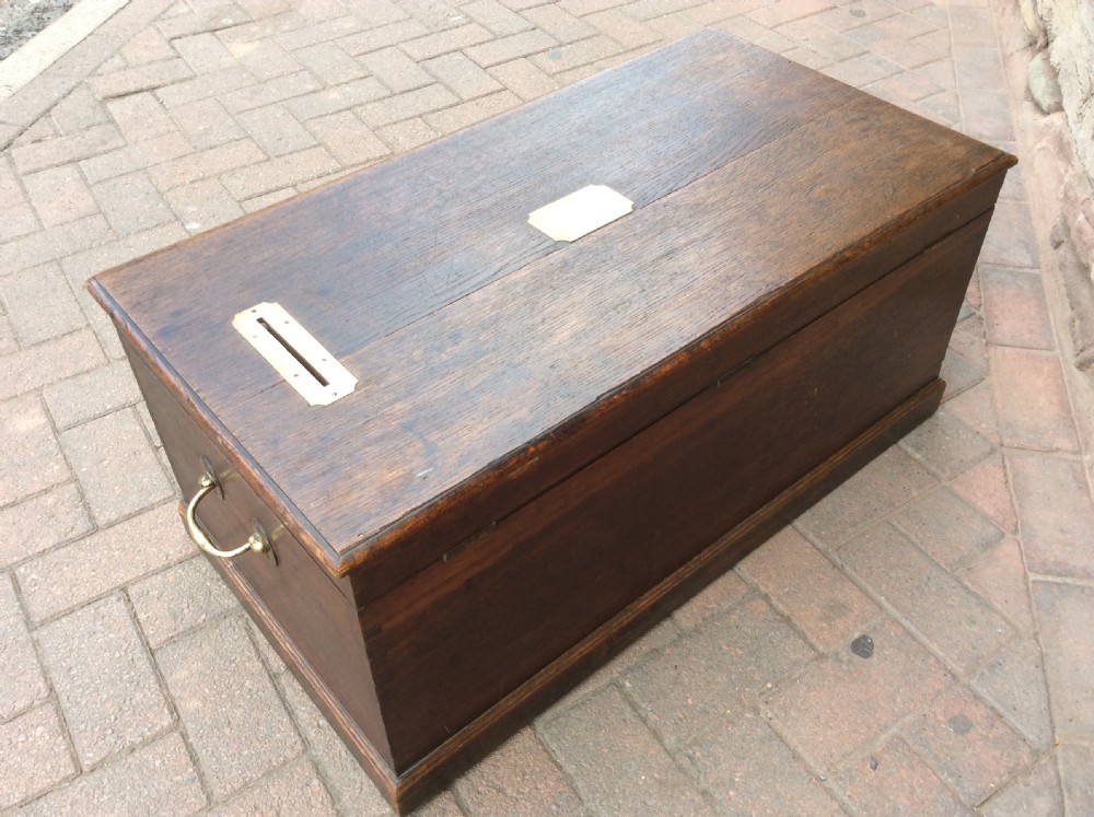 19thC Oak box with brass handles, posting slot. Fitted with a Bramah lock View VI