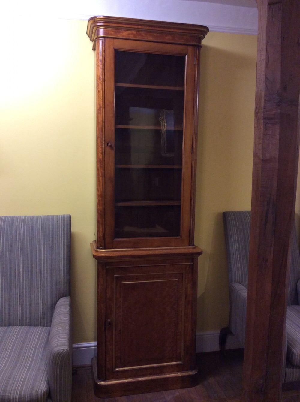 19thC Birchwood & parcel gilt narrow bookcase by Holland & Sons