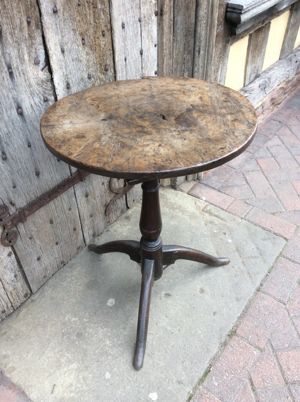 18thC Oak primitive tripod table with birdcage View II