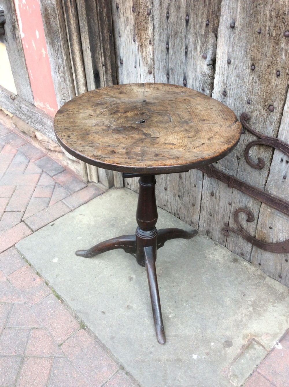 18thC Oak primitive tripod table with birdcage View III