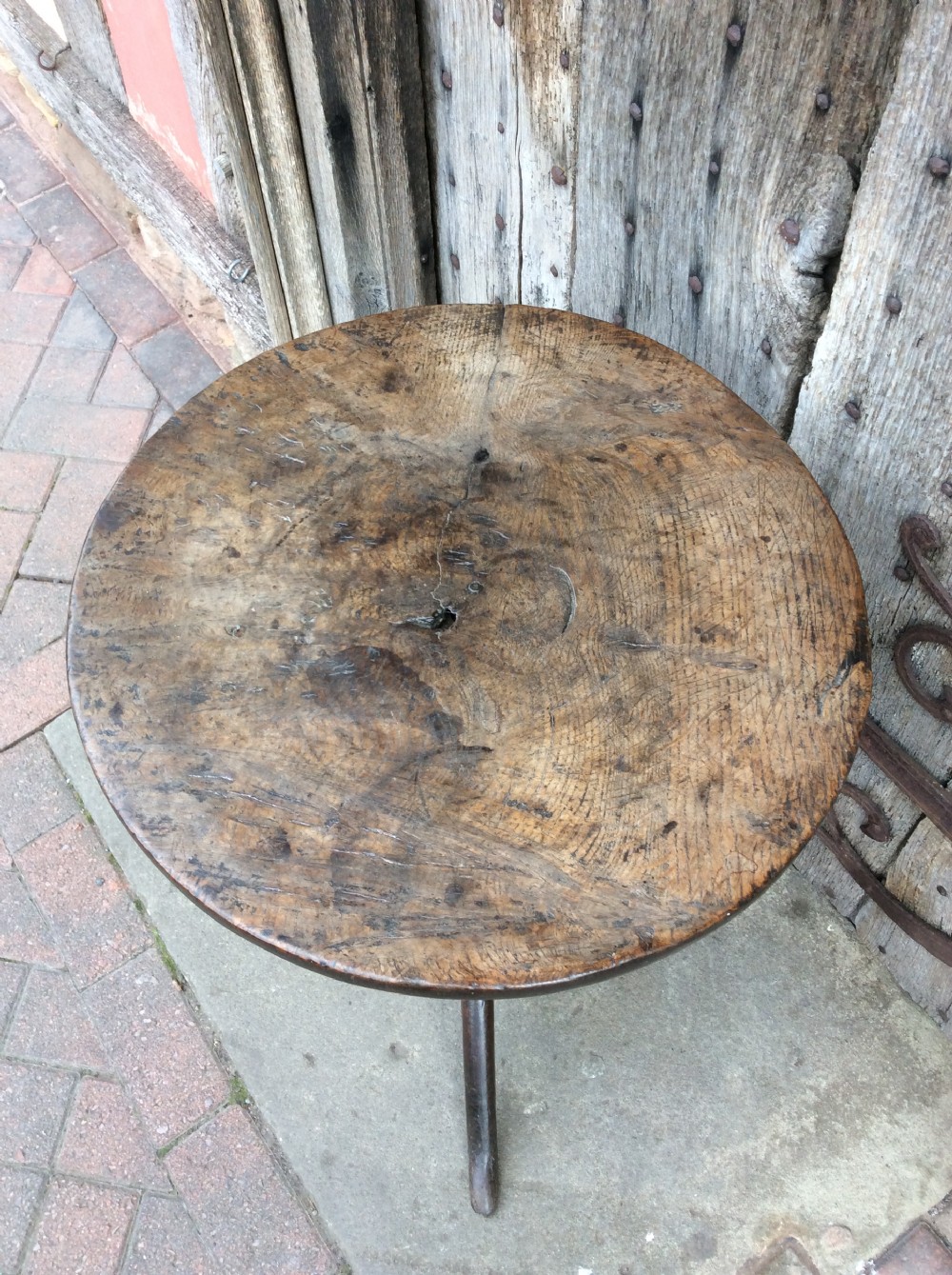 18thC Oak primitive tripod table with birdcage View IV