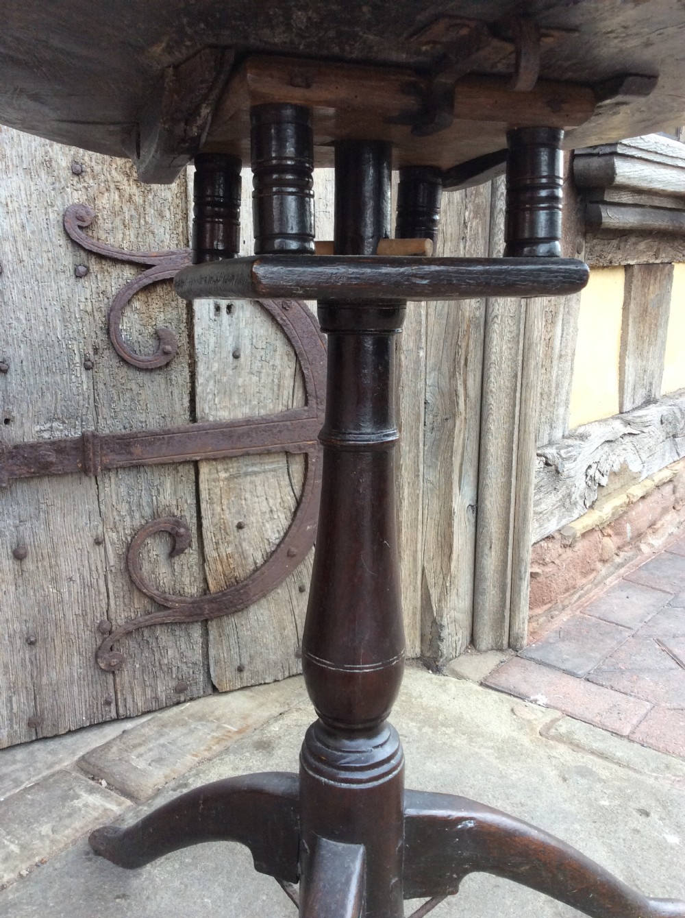 18thC Oak primitive tripod table with birdcage View V