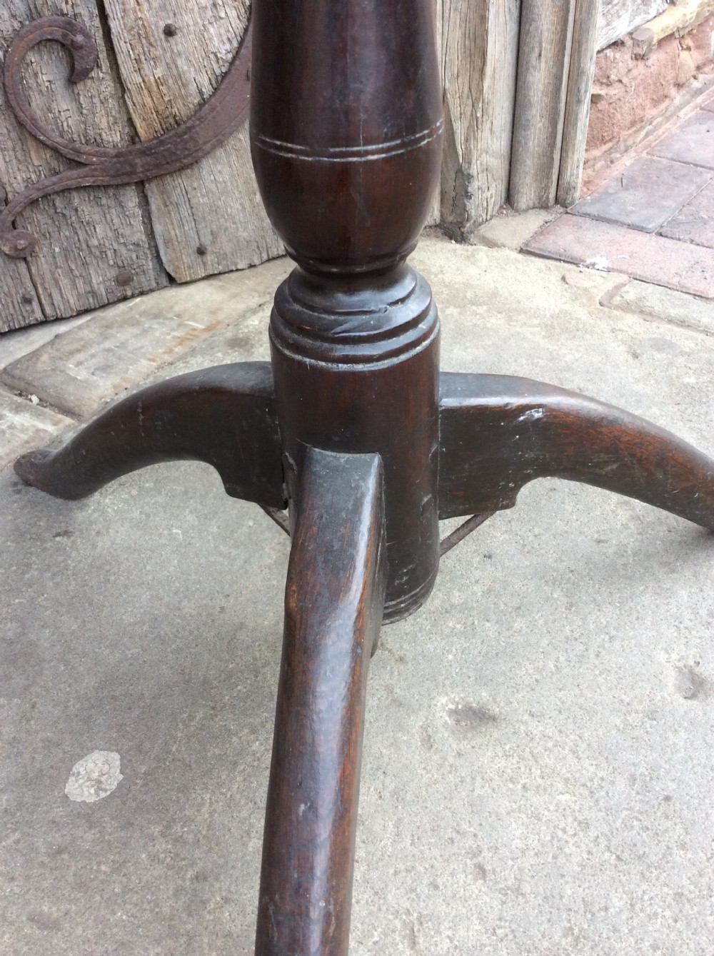 18thC Oak primitive tripod table with birdcage View VI