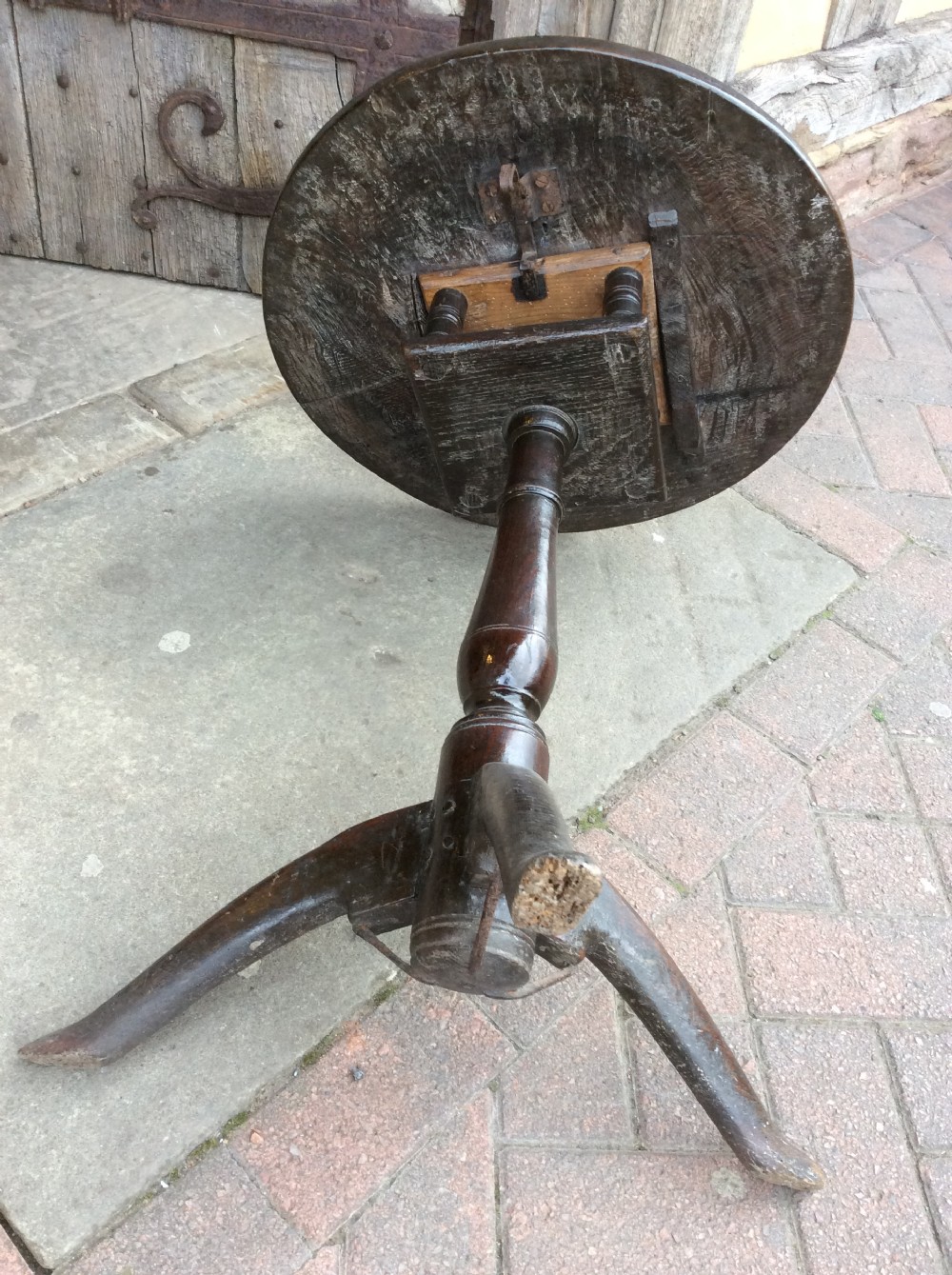 18thC Oak primitive tripod table with birdcage View VII