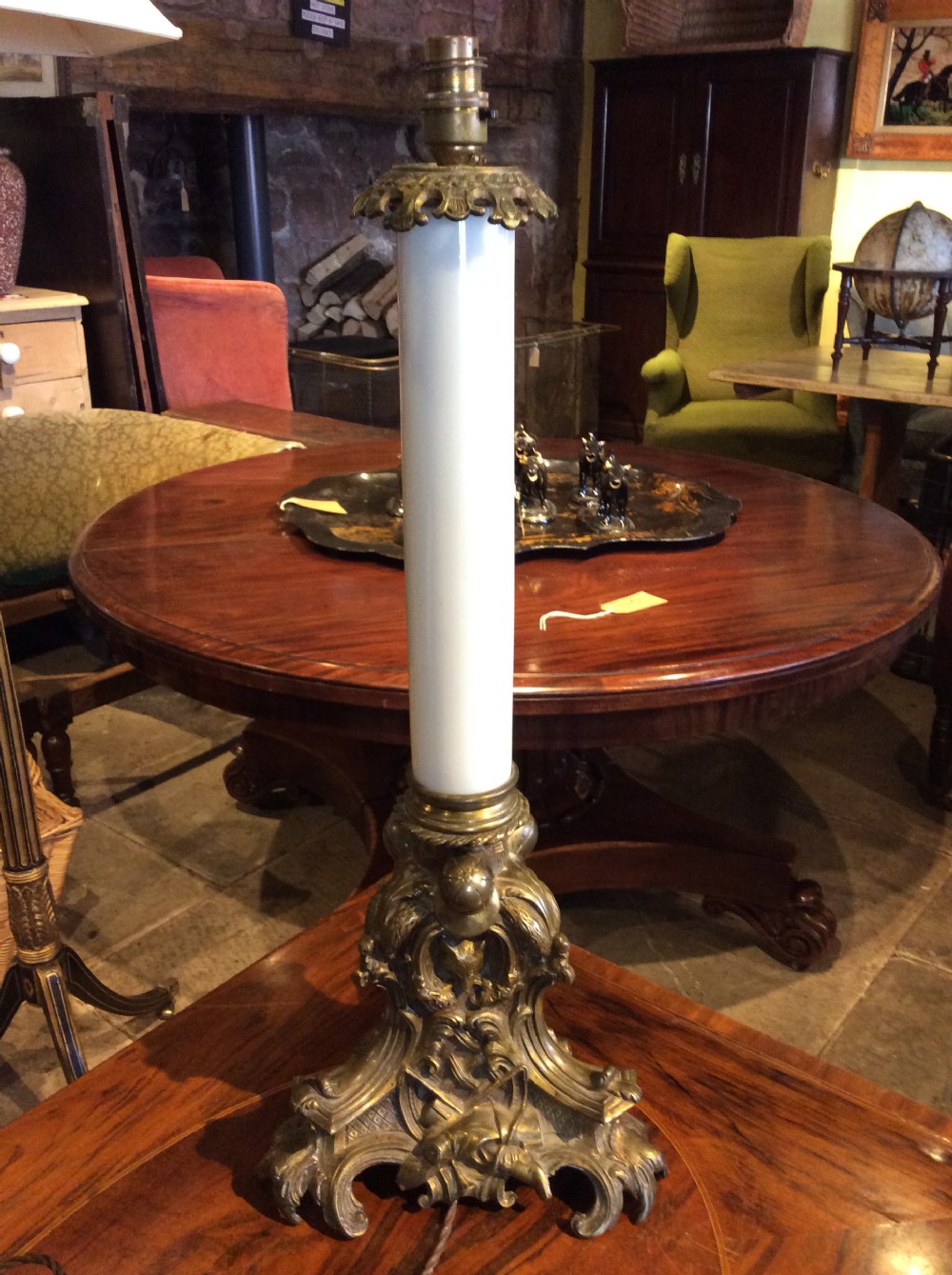 19thC Brass lamp with hunting subject 