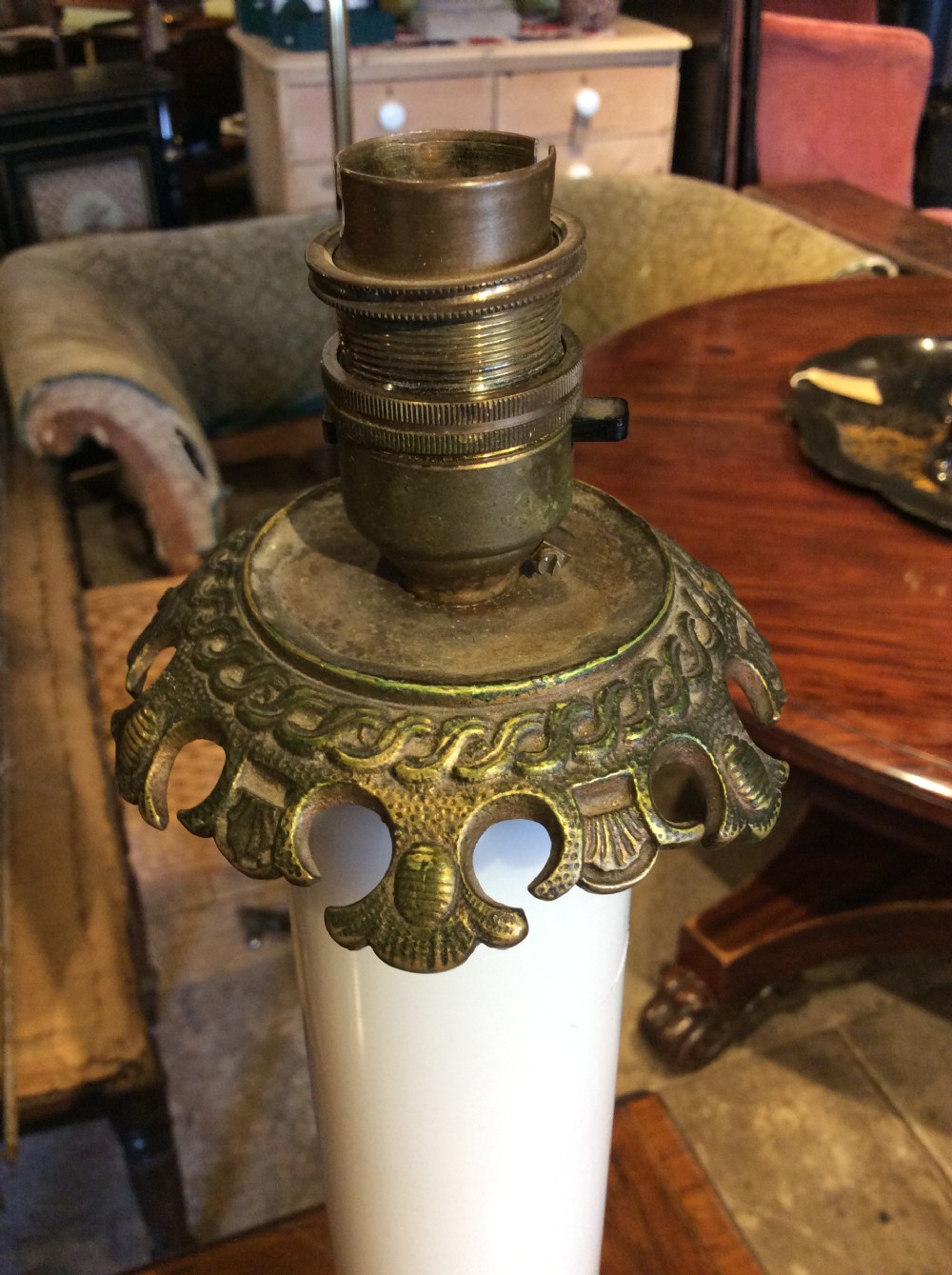 19thC Brass lamp with hunting subject  View III