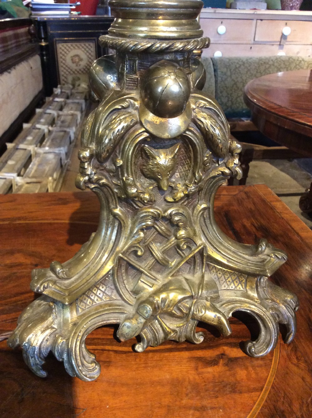 19thC Brass lamp with hunting subject  View V