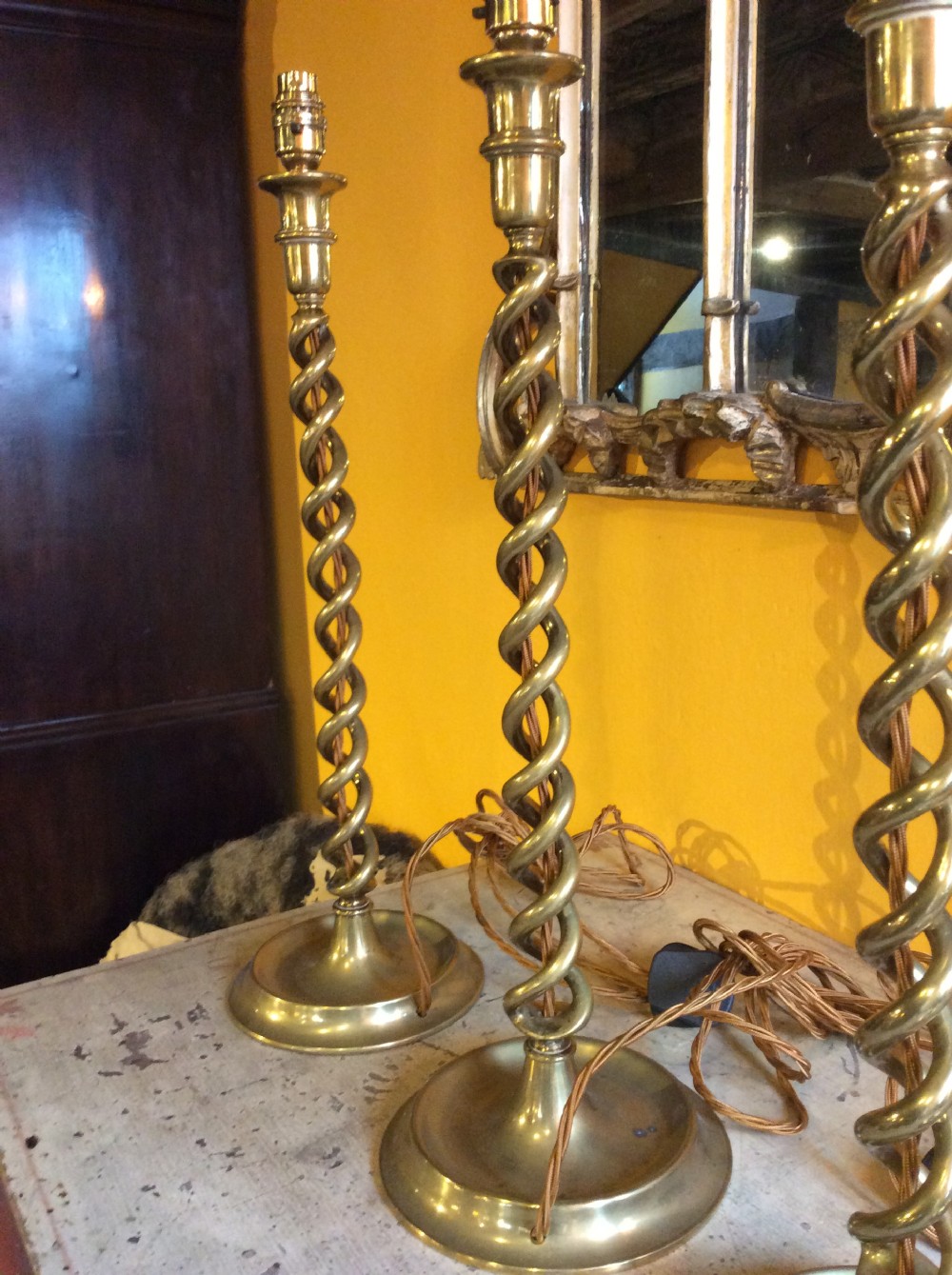 Set of 4  19thC brass sticks converted to electric lamps View III
