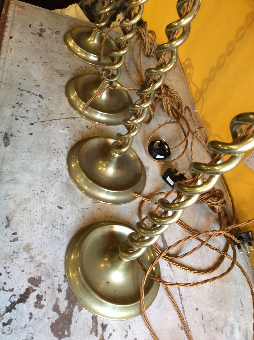 Set of 4  19thC brass sticks converted to electric lamps View IV