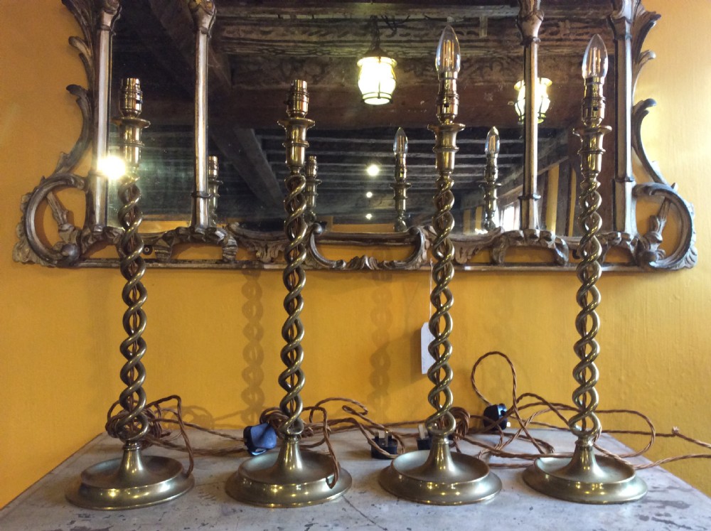 Set of 4  19thC brass sticks converted to electric lamps View V