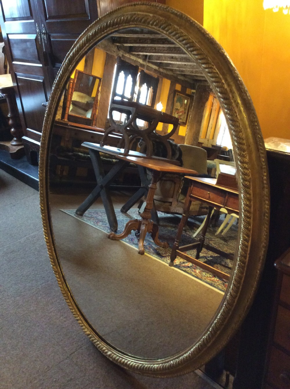 19thC oval mirror with carved rope gilded frame View II
