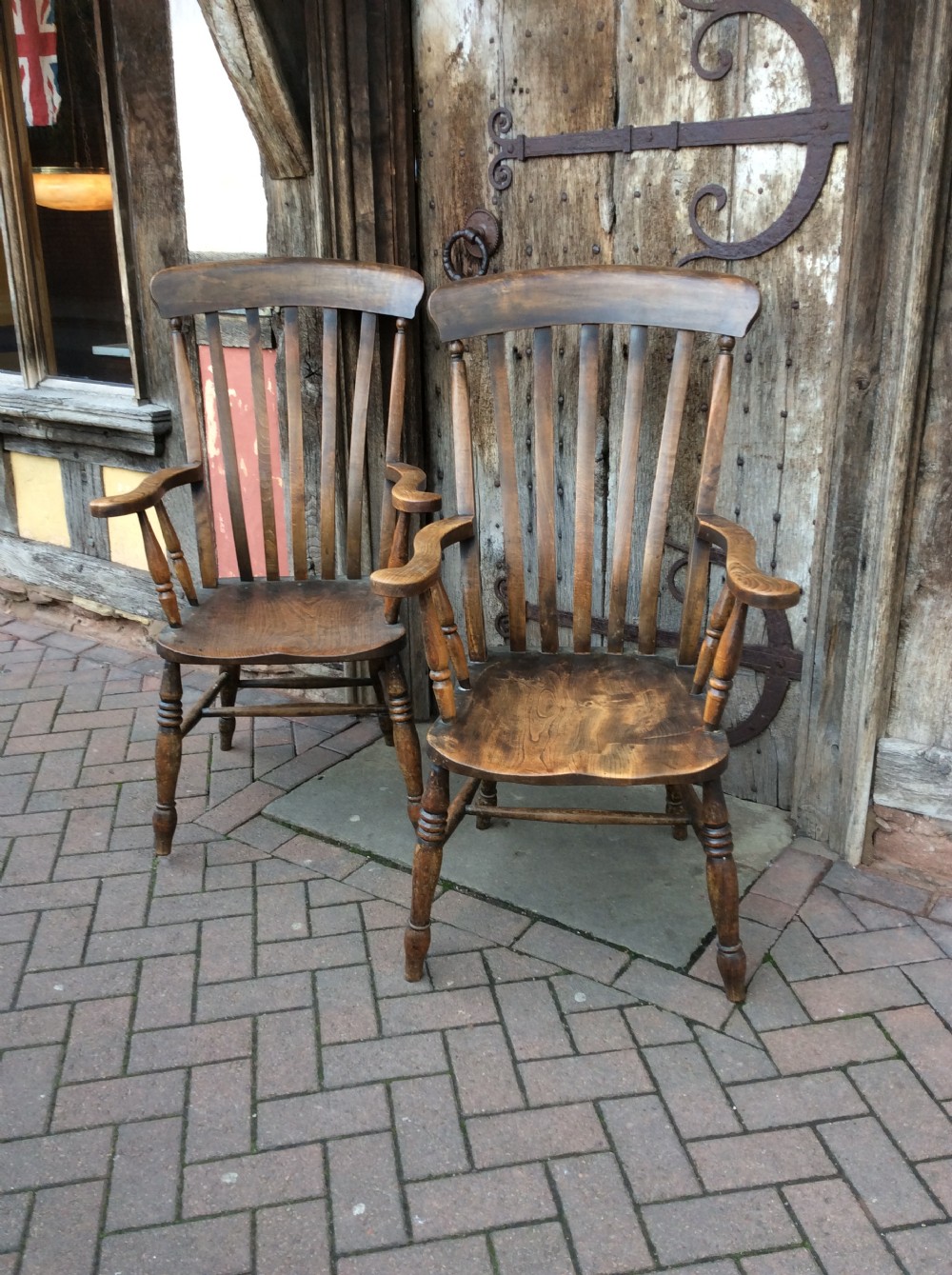 Pair of 19thC country elm armchairs View II