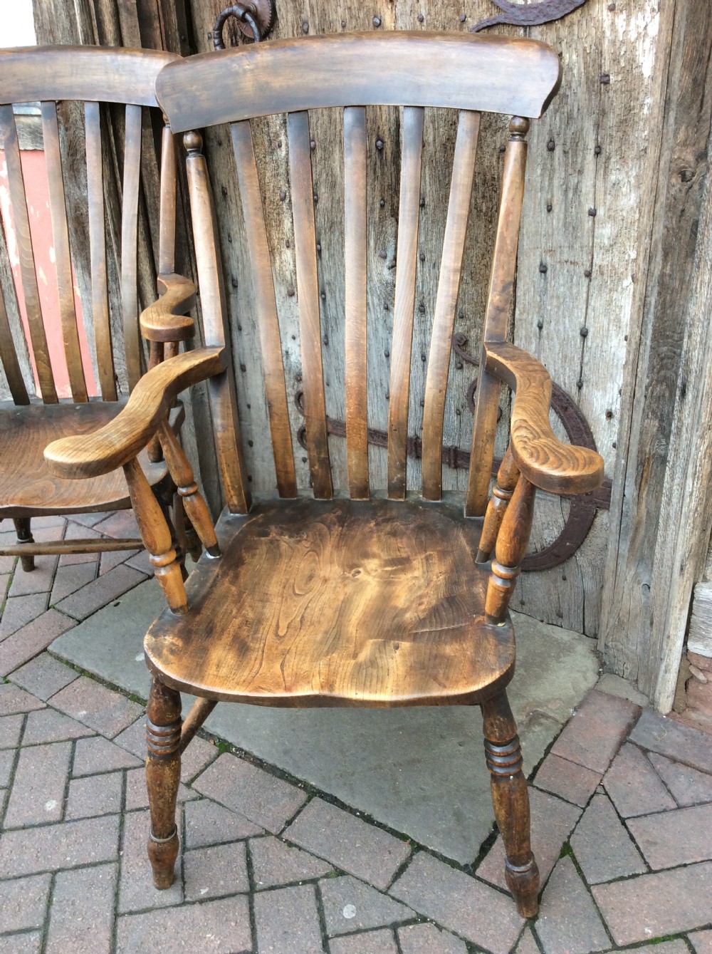 Pair of 19thC country elm armchairs View III