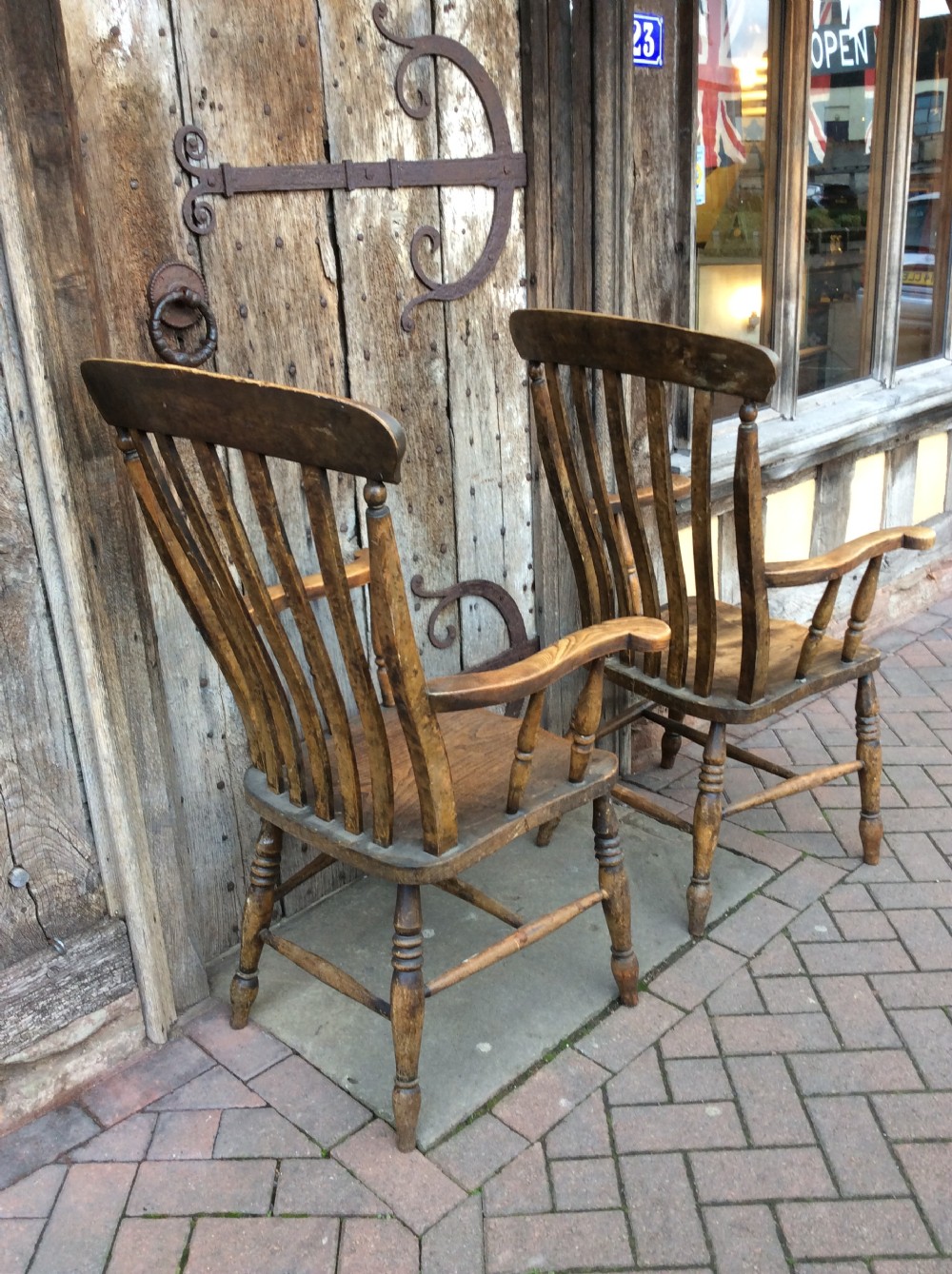 Pair of 19thC country elm armchairs View VI
