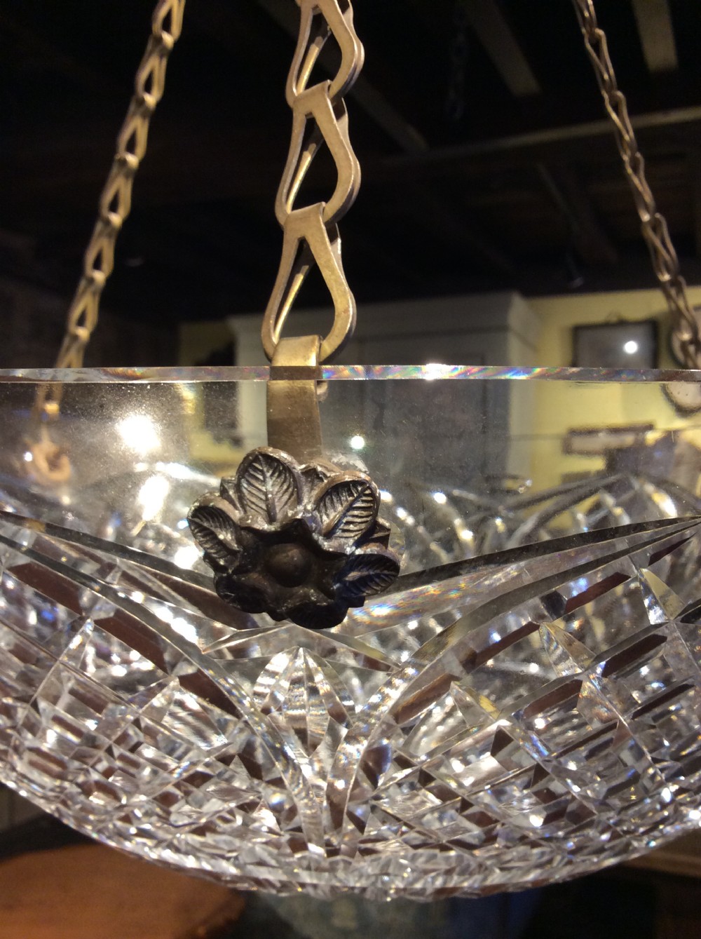 Edwardian cut glass & brass light fitting pendant  View II