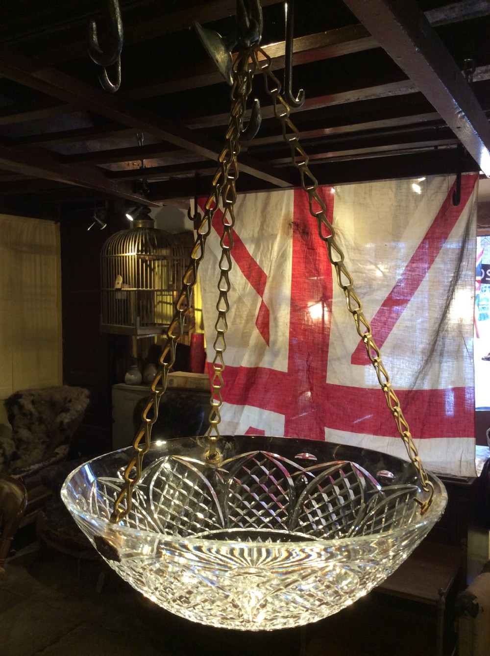 Edwardian cut glass & brass light fitting pendant  View III