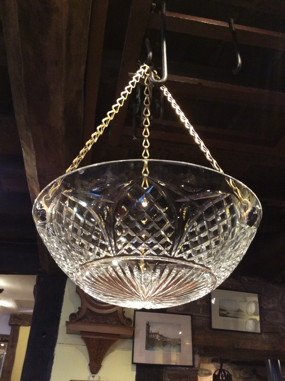 Edwardian cut glass & brass light fitting pendant  View IV