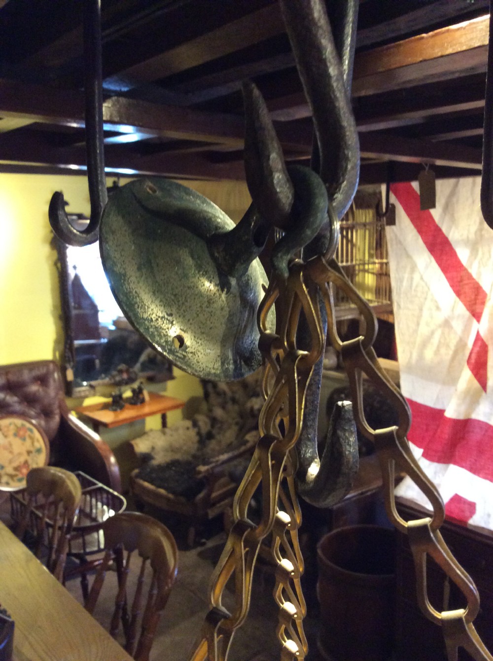 Edwardian cut glass & brass light fitting pendant  View V