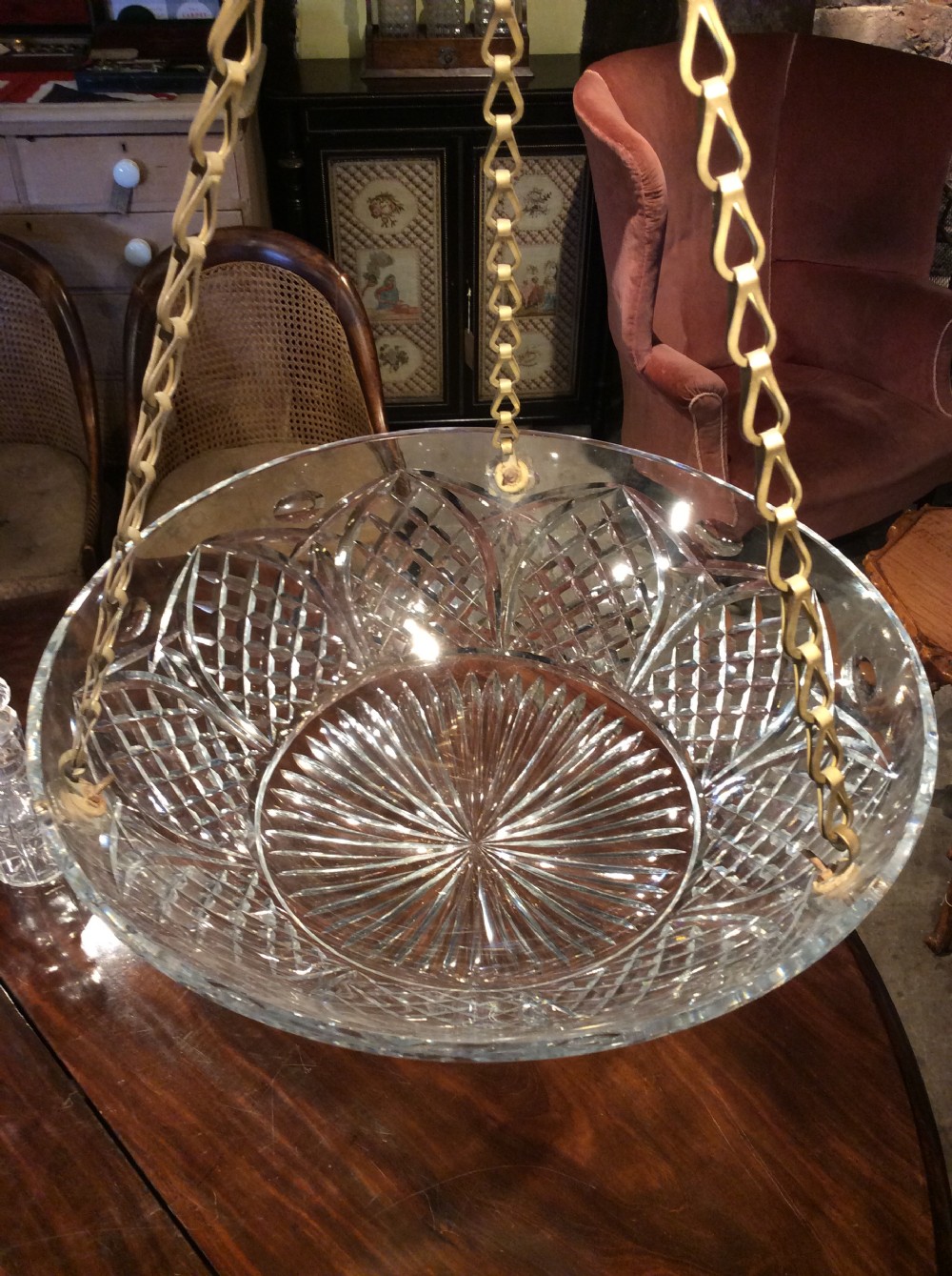Edwardian cut glass & brass light fitting pendant  View VI
