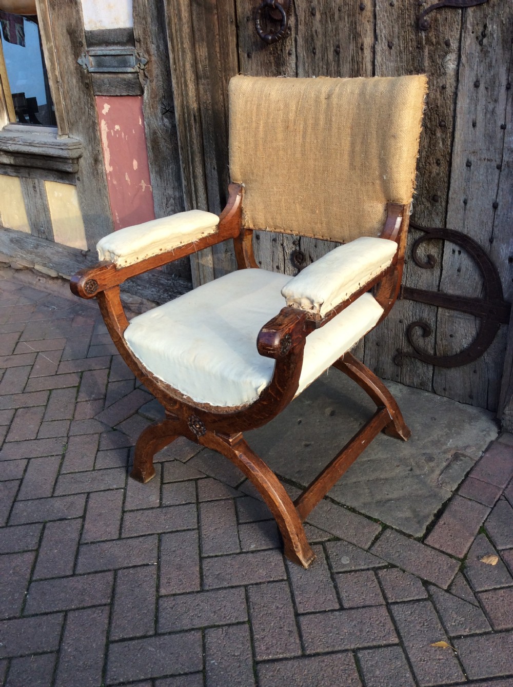 19thC Oak X framed armchair by Gillows of Lancaster View III