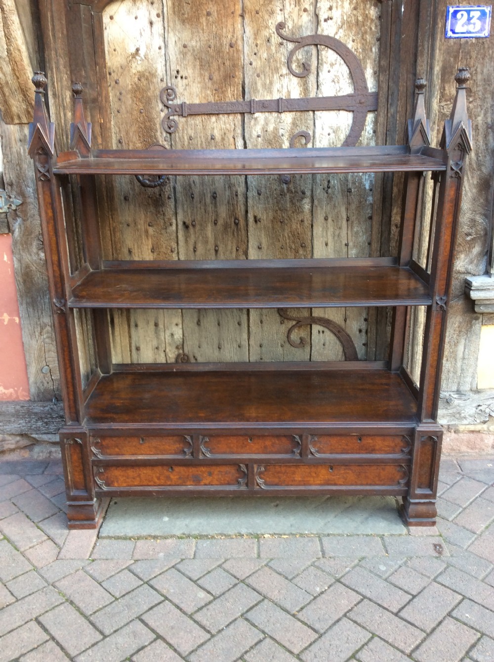 19thC Gothic Oak and burr oak buffet View IV