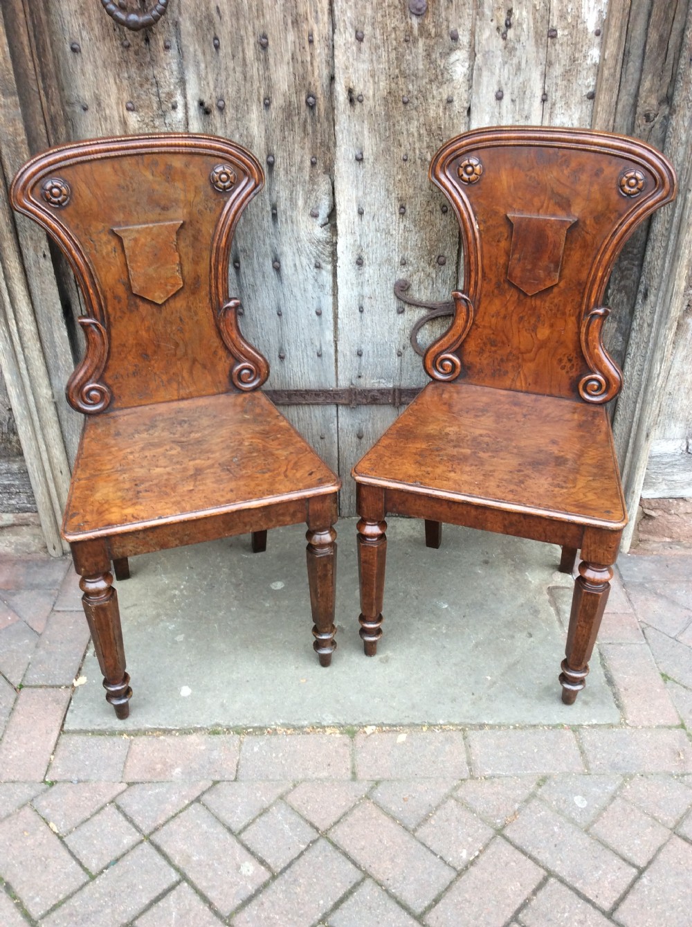19thC Pair of pollard oak hall chairs