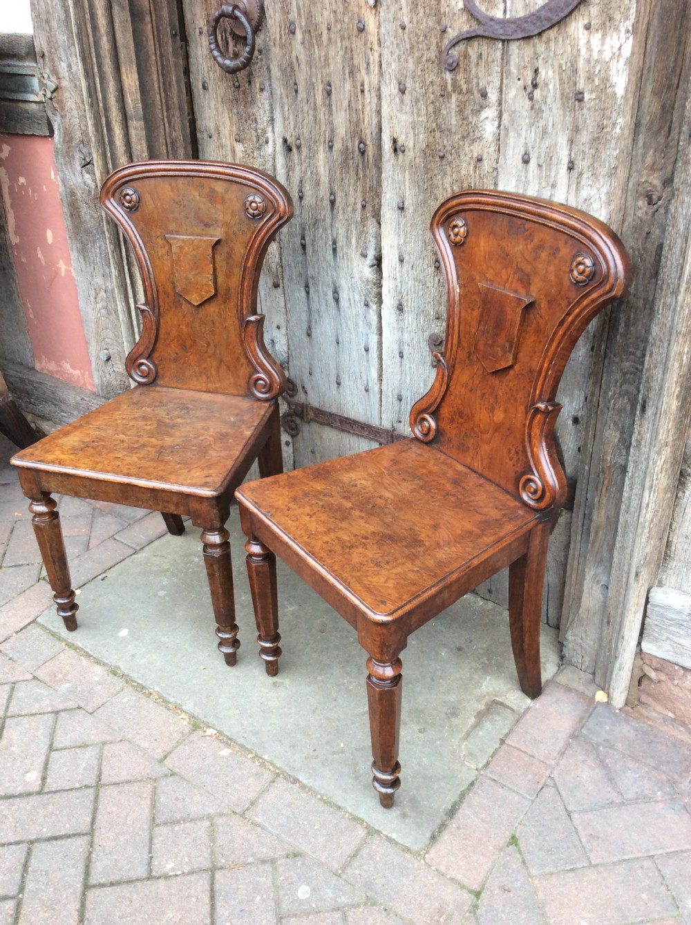 19thC Pair of pollard oak hall chairs View III