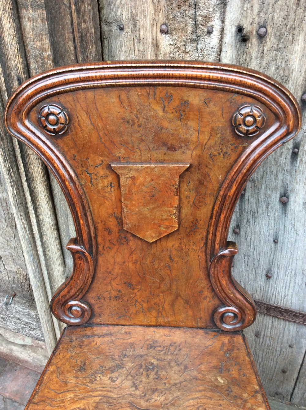 19thC Pair of pollard oak hall chairs View V
