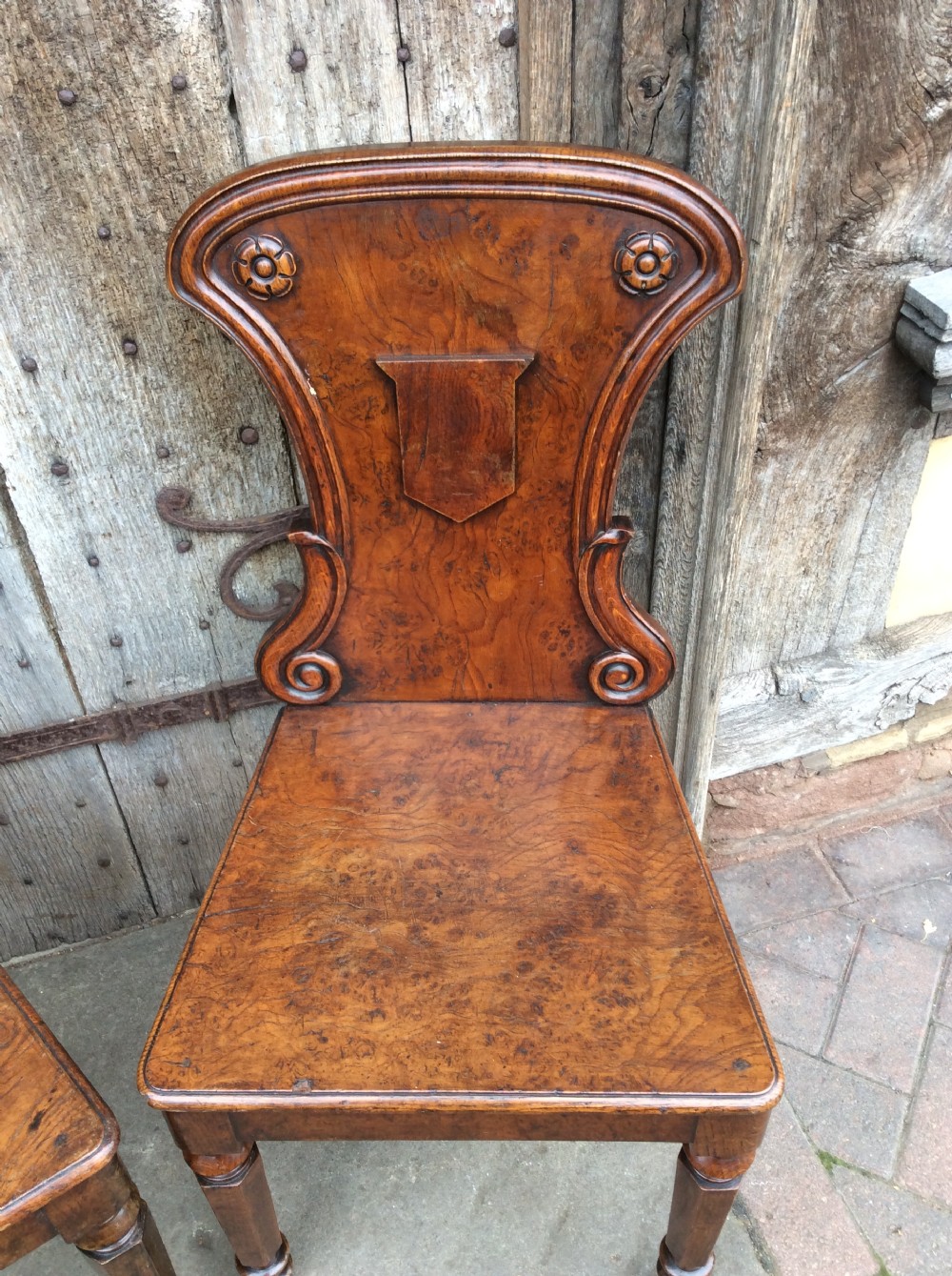 19thC Pair of pollard oak hall chairs View VI