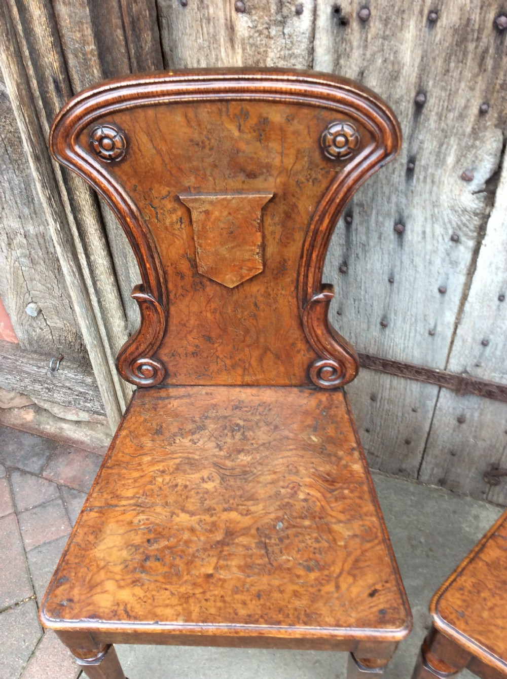 19thC Pair of pollard oak hall chairs View VII