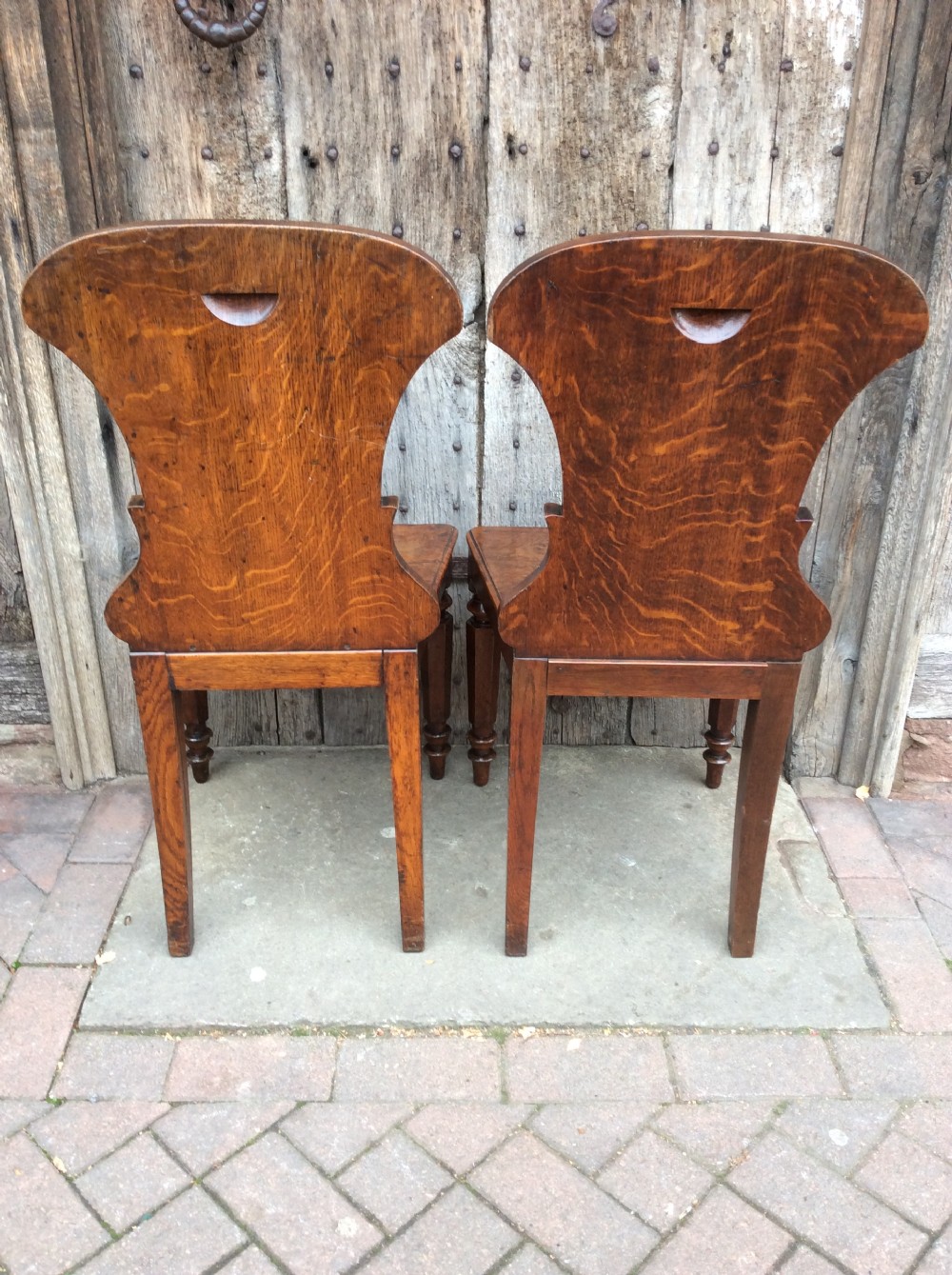 19thC Pair of pollard oak hall chairs View IX