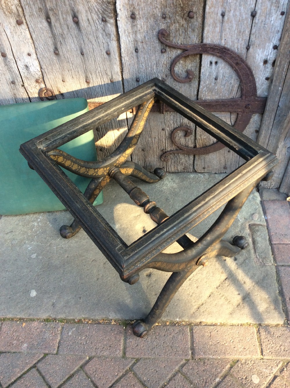 Early 19thC X framed ebonised and decorated stool View IV