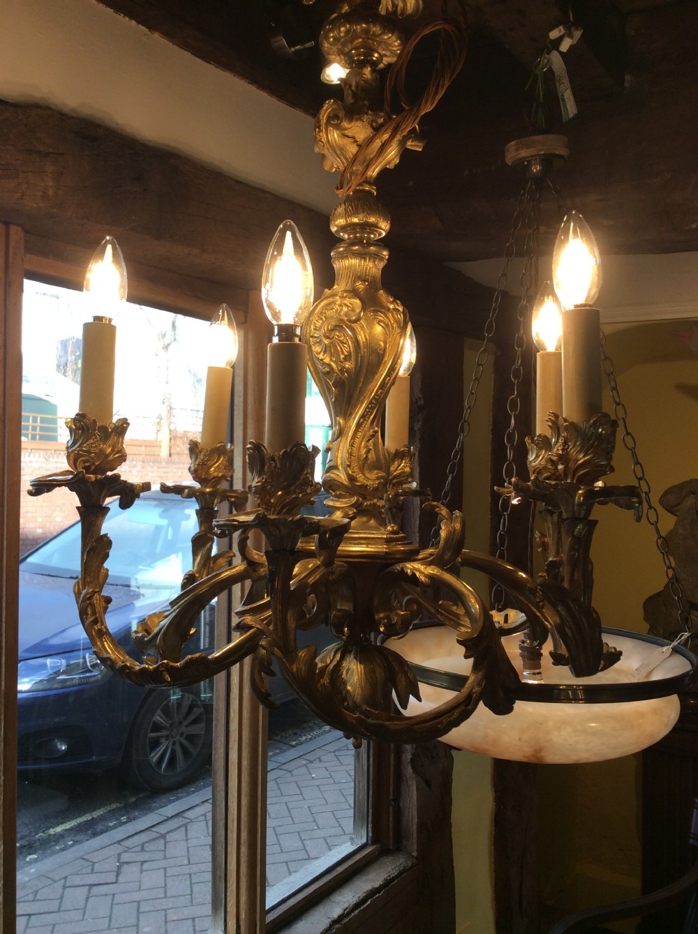 19thc six branch gilt brass chandelier, removed from Alnwick castle View VI