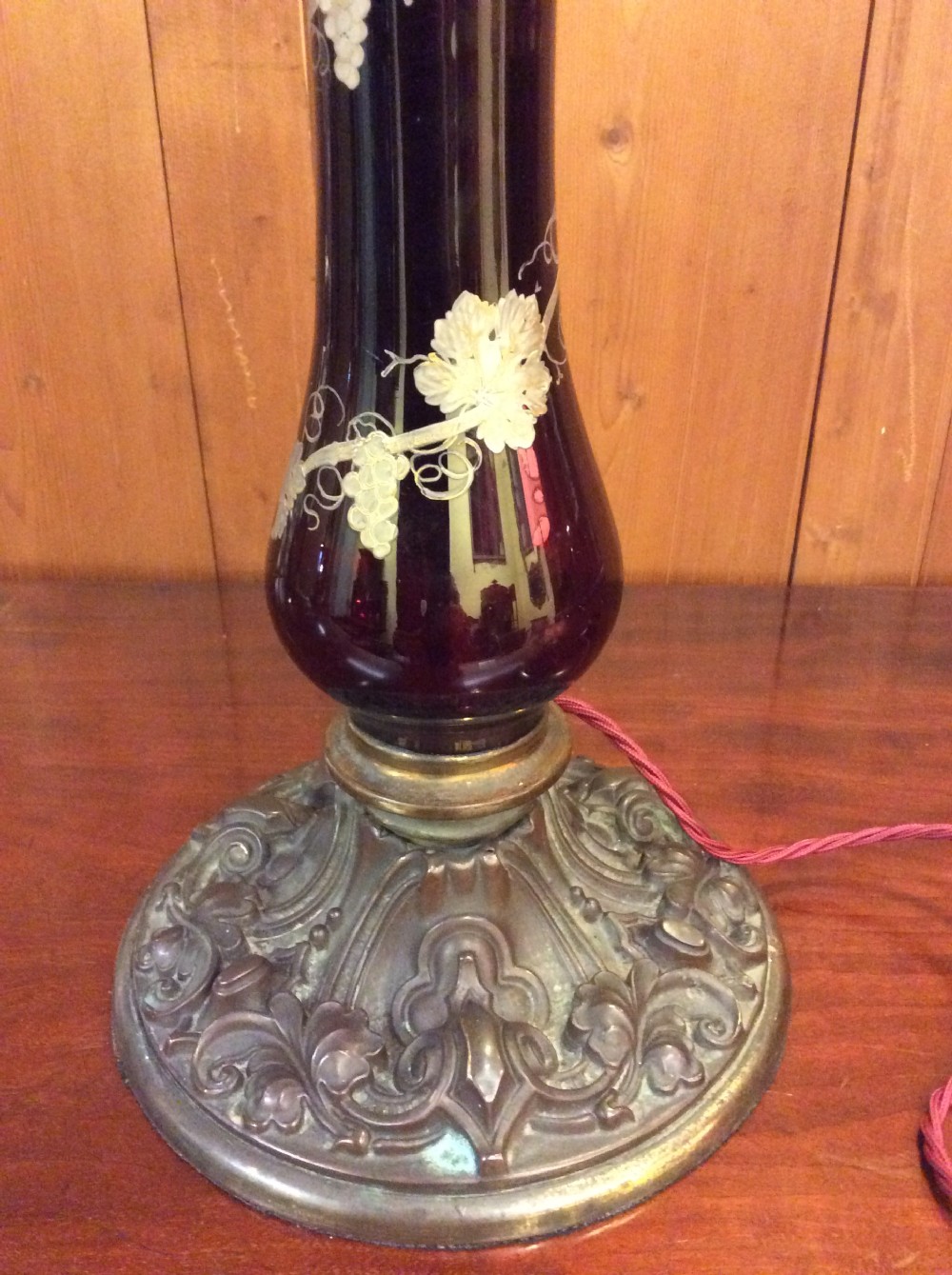 19thC Cranberry glass a& brass lamp with shade View III