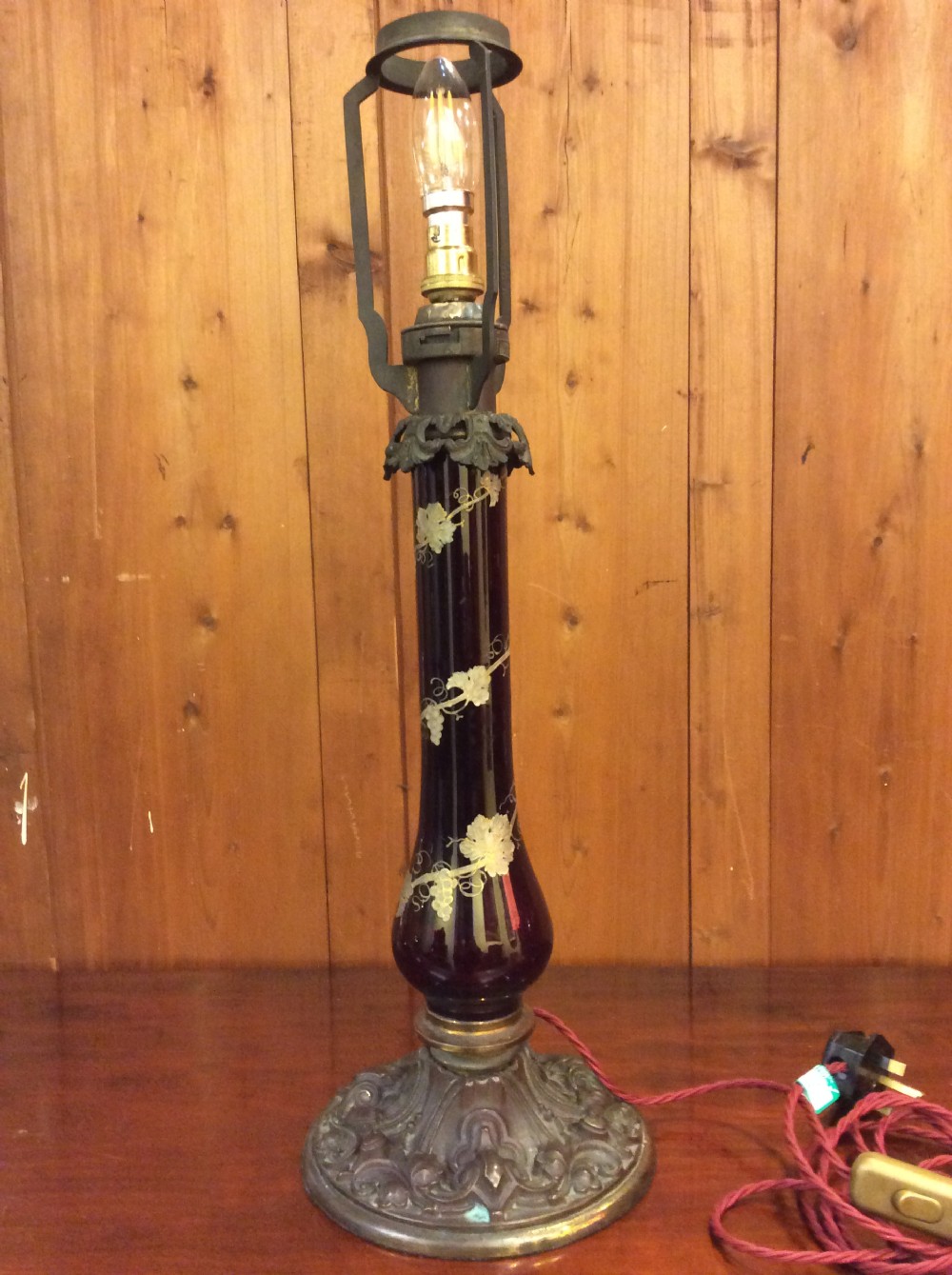 19thC Cranberry glass a& brass lamp with shade View II