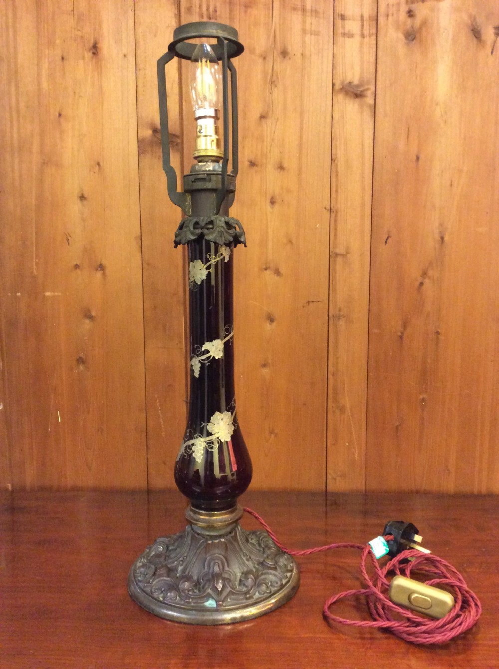19thC Cranberry glass a& brass lamp with shade View VIII