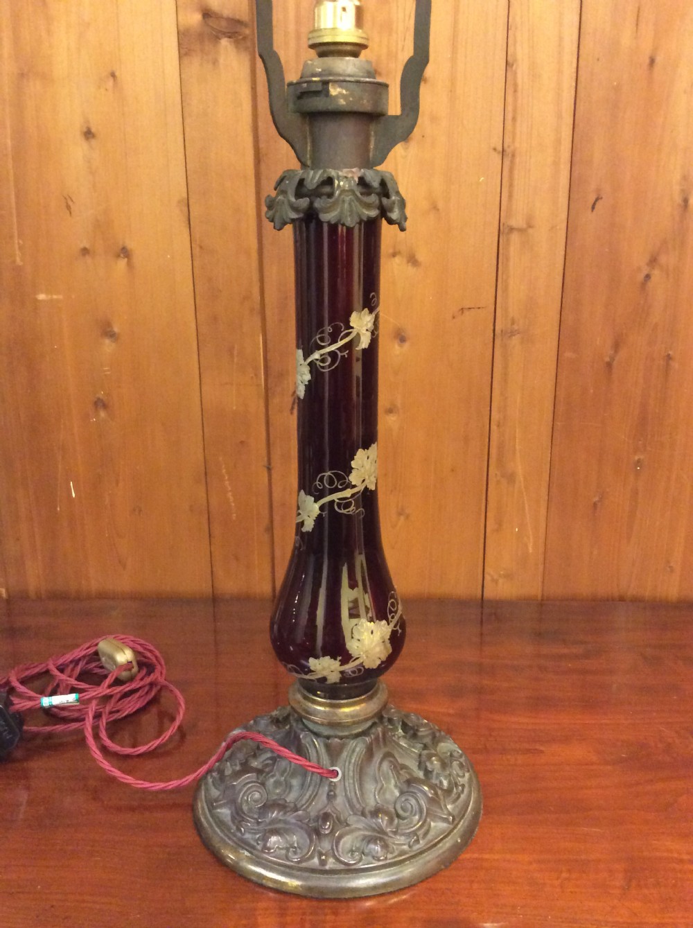 19thC Cranberry glass a& brass lamp with shade View IV