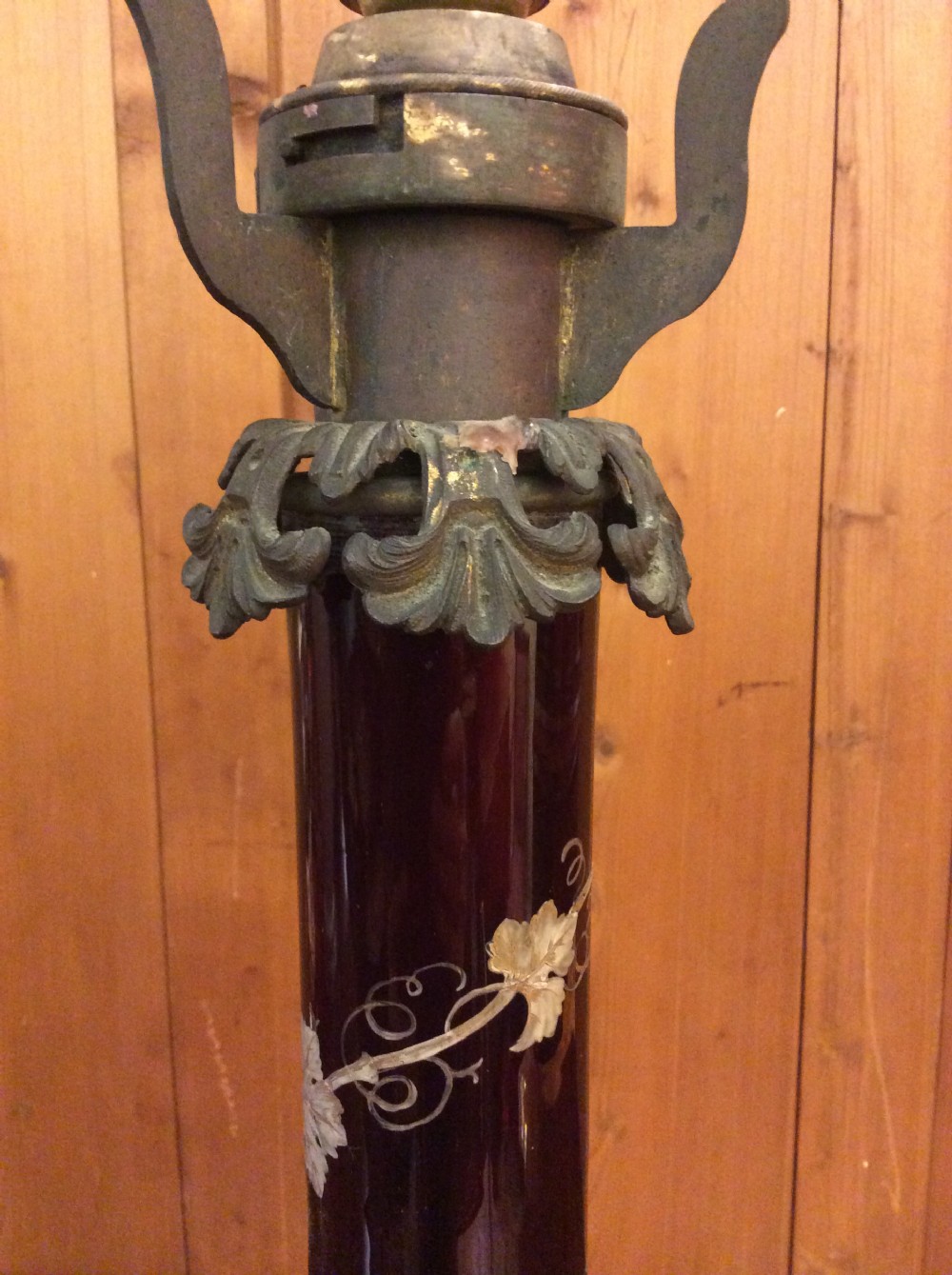 19thC Cranberry glass a& brass lamp with shade View V