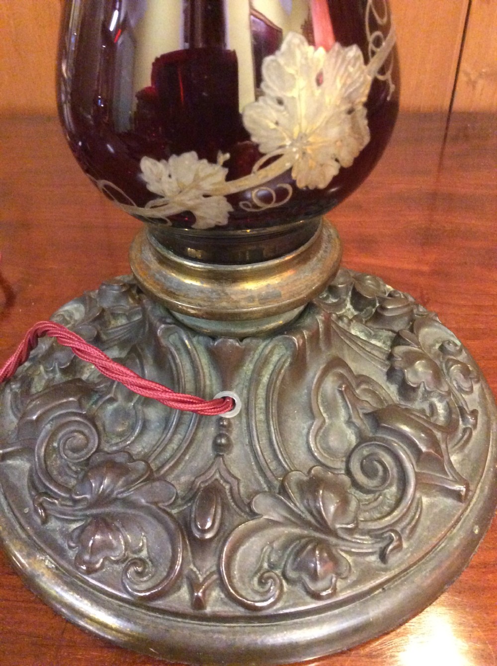 19thC Cranberry glass a& brass lamp with shade View VI