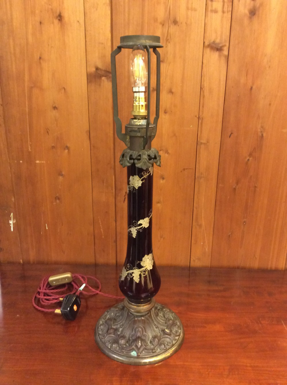 19thC Cranberry glass a& brass lamp with shade View VII