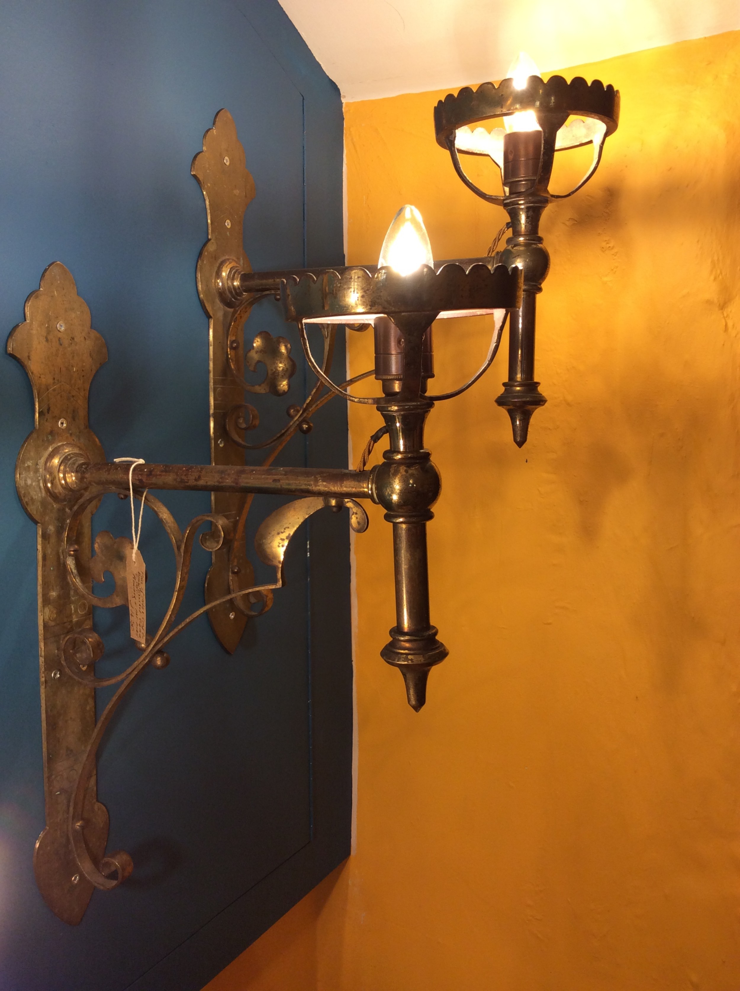 Pair of Arts & Crafts brass wall bracket lights